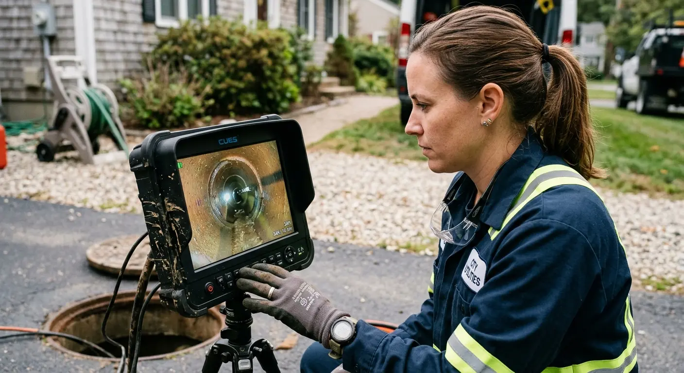 Technician reviewing sewer camera inspection footage in Volo