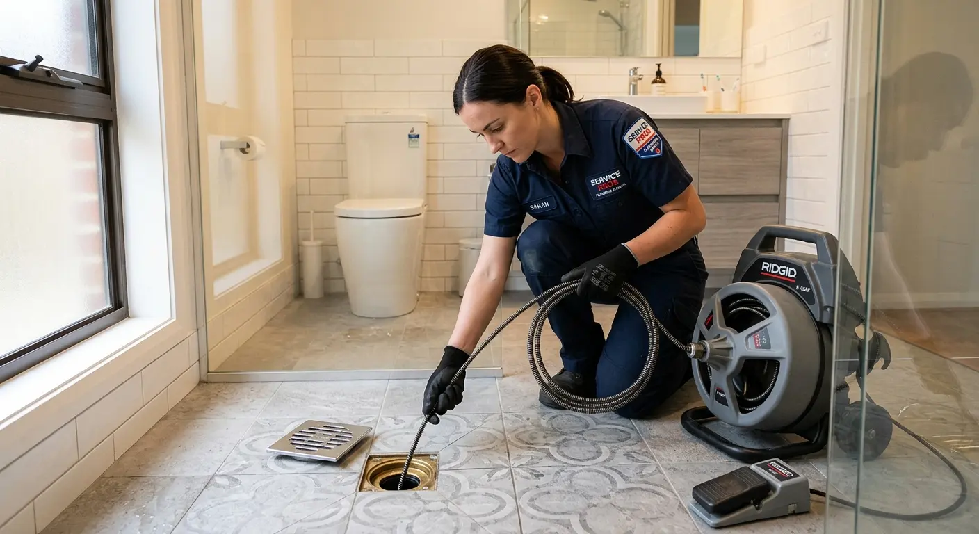 Technician clearing a bathroom floor drain for Sewer Line Replacement in Volo